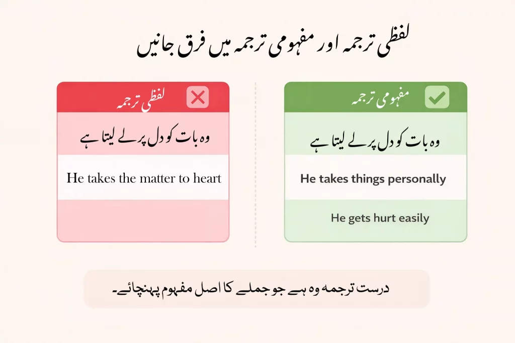 اردو جملے “وہ بات کو دل پر لے لیتا ہے” کا لفظی اور مفہومی ترجمہ