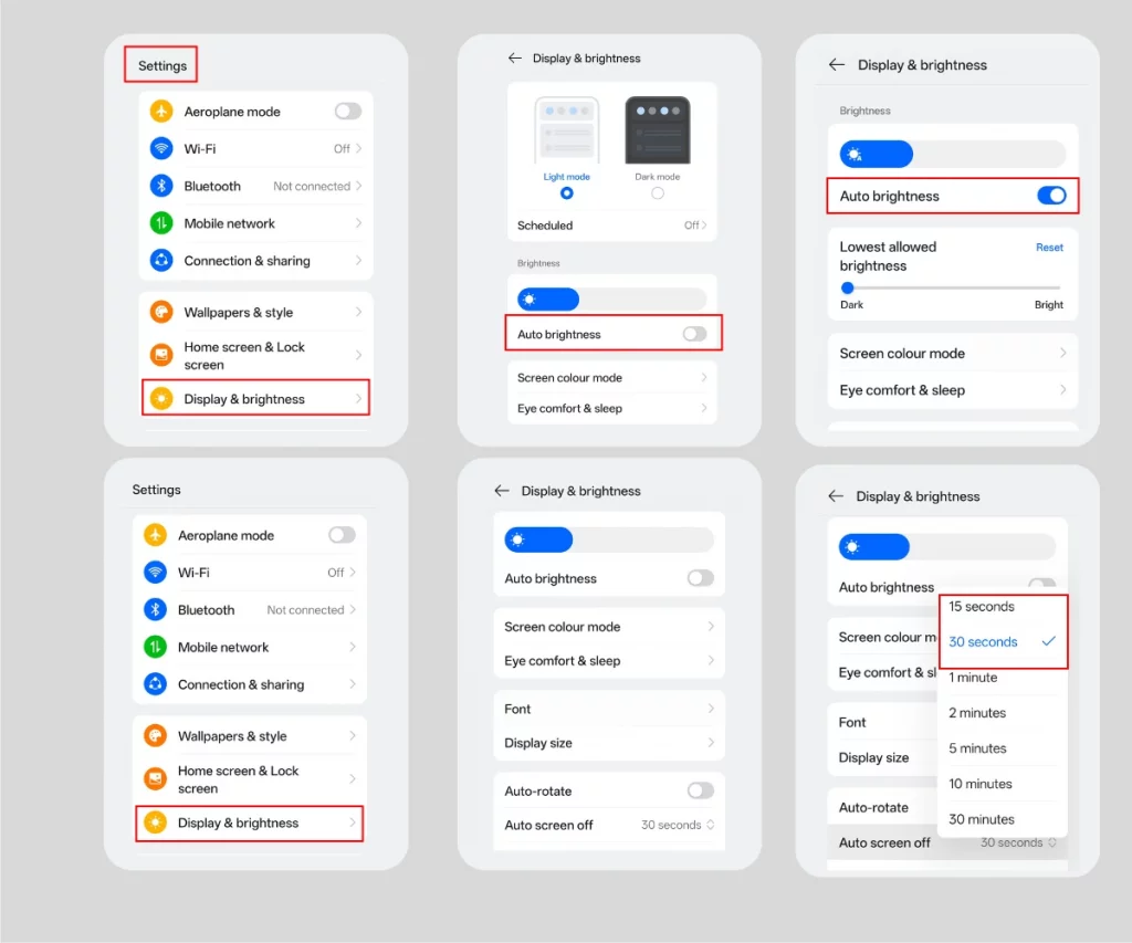 Mobile display and brightness settings showing auto brightness and screen timeout to save battery 
