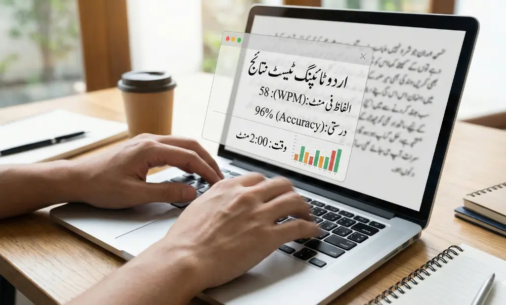 اردو ٹائپنگ ٹیسٹ کے نتیجے کے ساتھ تیز رفتار سے ٹائپ کرتے ہوئے ہاتھ