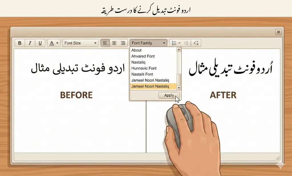 اردو فونٹ بدلنے سے پہلے اور بعد کی تحریر