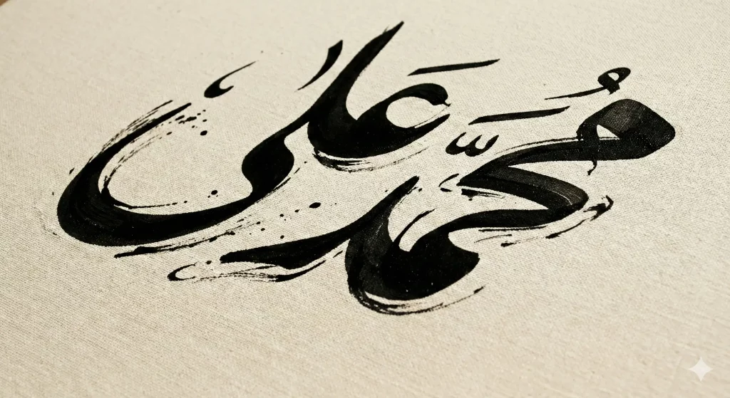 Artistic male Urdu name calligraphy with diagonal flowing Nastaliq composition