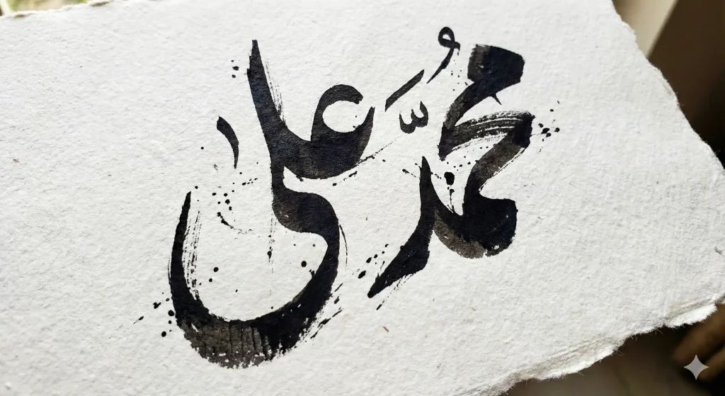 Brush stroke male Urdu name calligraphy with artistic ink texture