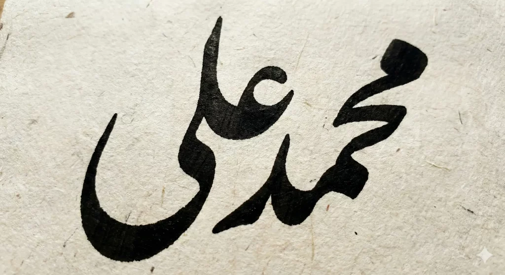 Heavy ink male Urdu name calligraphy in thick classical Nastaliq style