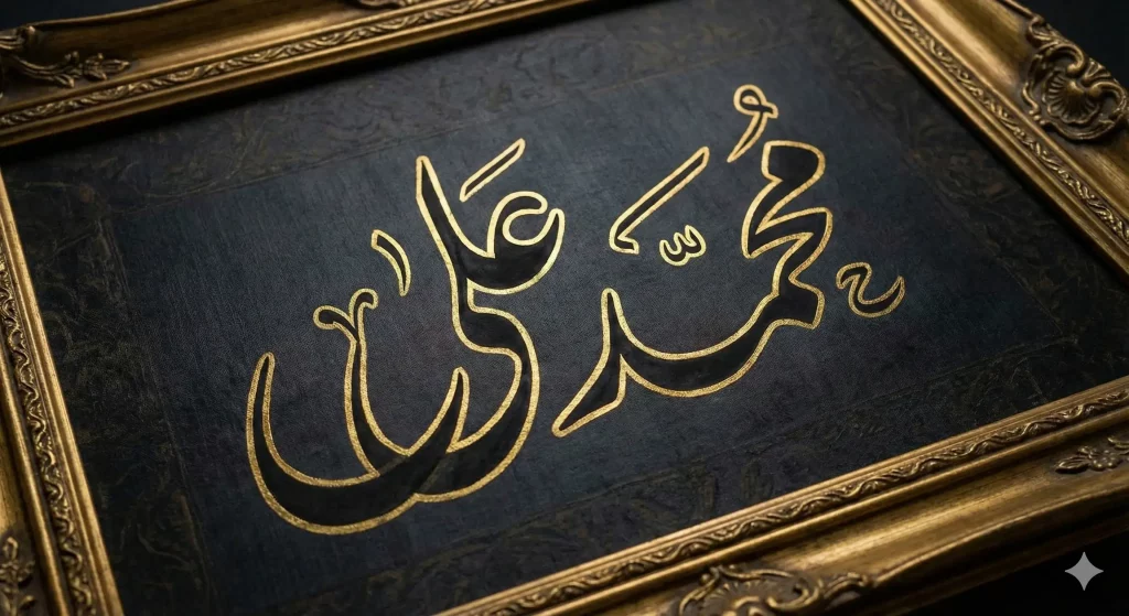 Luxury male Urdu name calligraphy with gold accents and premium dark background