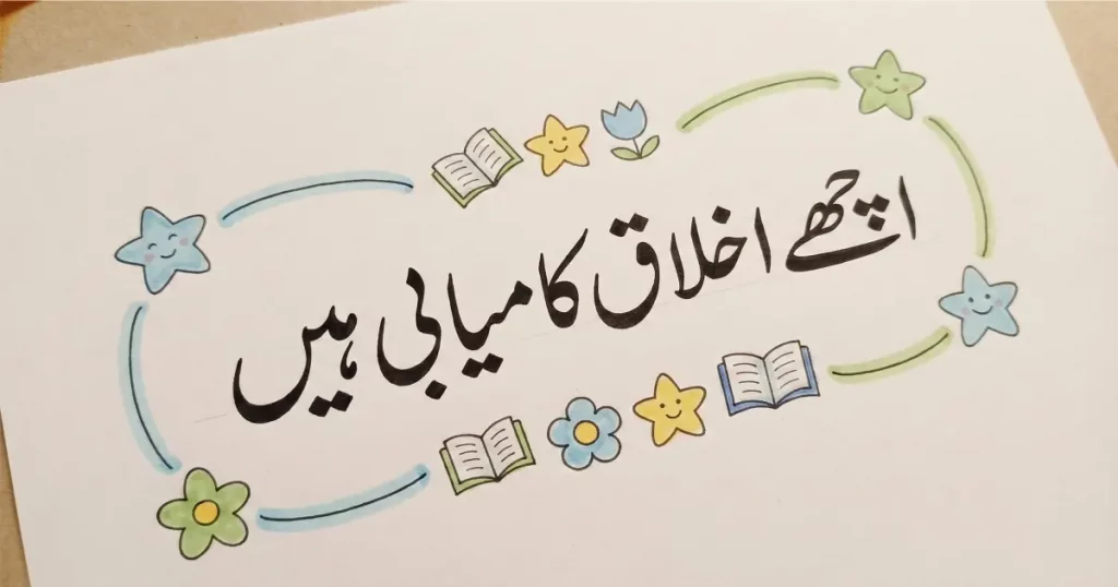 Urdu calligraphy image for kids showing moral sentence اچھے اخلاق کامیابی ہیں
