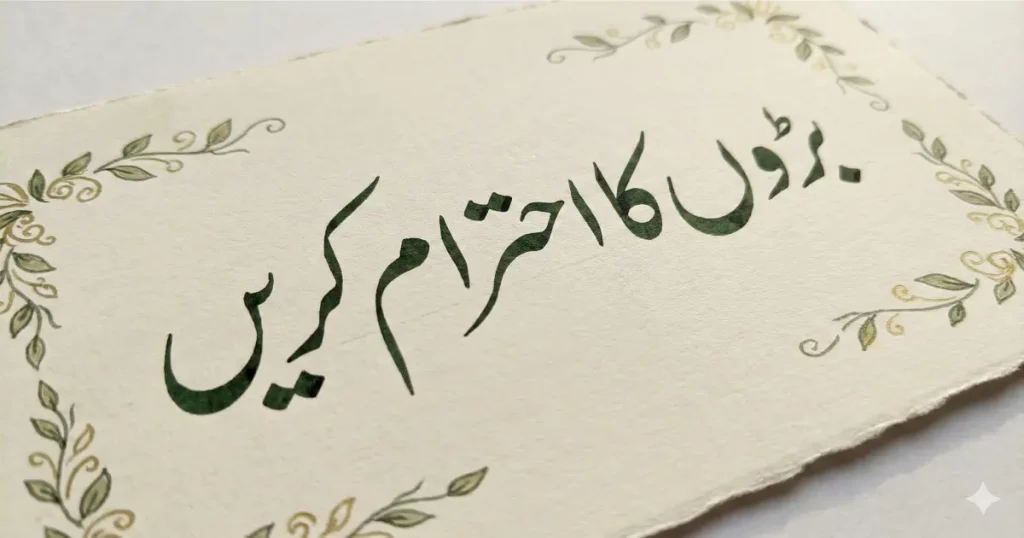 Urdu calligraphy image for kids teaching respect بڑوں کا احترام کریں