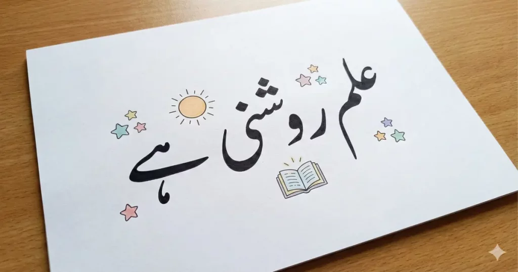 Urdu calligraphy image for kids showing the educational sentence علم روشنی ہے