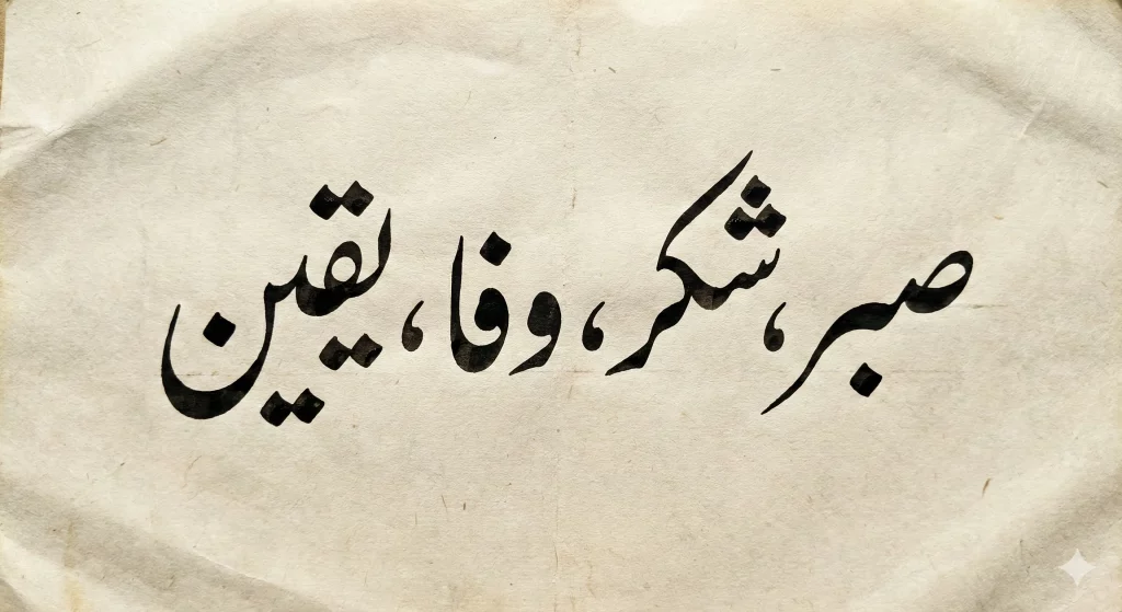 بامعنی اردو کیلیگرافی الفاظ صبر، شکر، وفا اور یقین نستعلیق انداز میں 