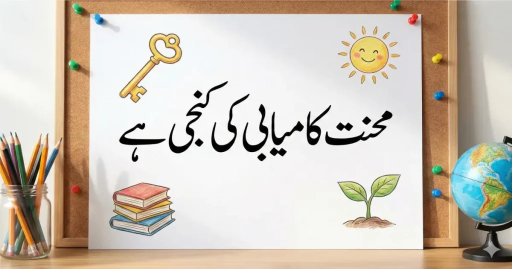 Kids Urdu calligraphy image showing motivational sentence محنت کامیابی کی کنجی ہے