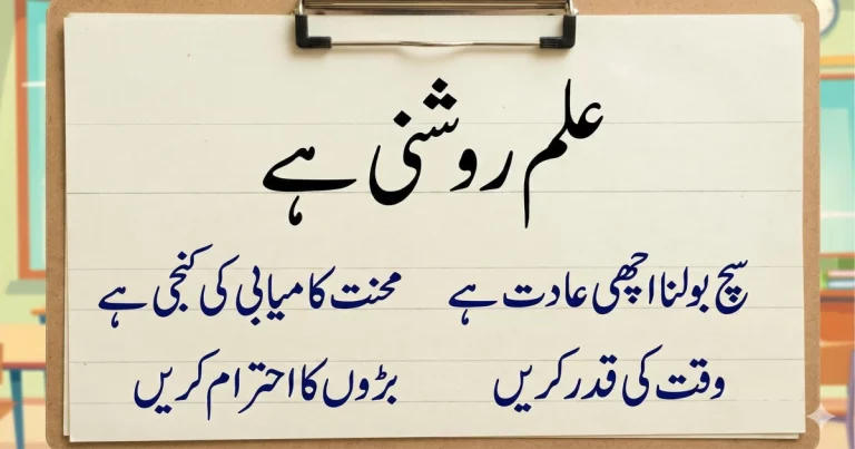 Educational Urdu calligraphy image for kids showing simple learning and moral sentences