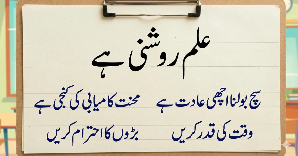 Educational Urdu calligraphy image for kids showing simple learning and moral sentences
