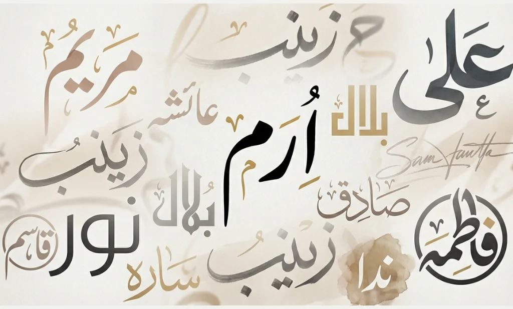Urdu name calligraphy styles showing male, female and logo style name calligraphy samples